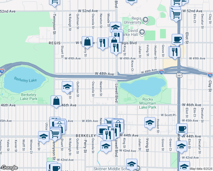 map of restaurants, bars, coffee shops, grocery stores, and more near 4741 Meade Street in Denver