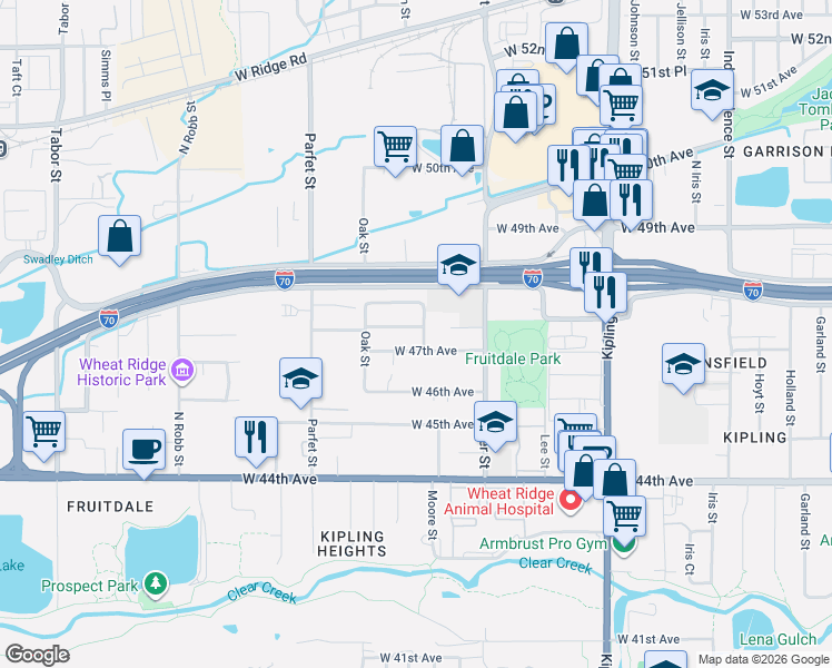 map of restaurants, bars, coffee shops, grocery stores, and more near 4765 Nelson Street in Wheat Ridge