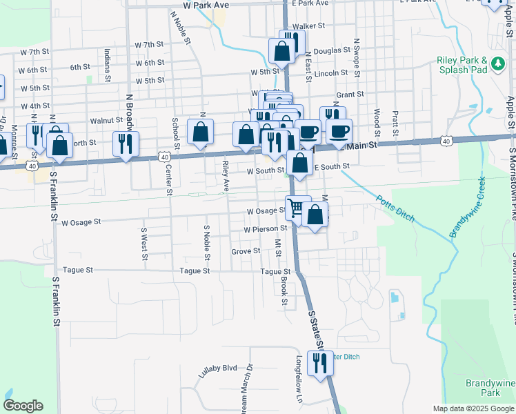 map of restaurants, bars, coffee shops, grocery stores, and more near 216 South Pennsylvania Street in Greenfield
