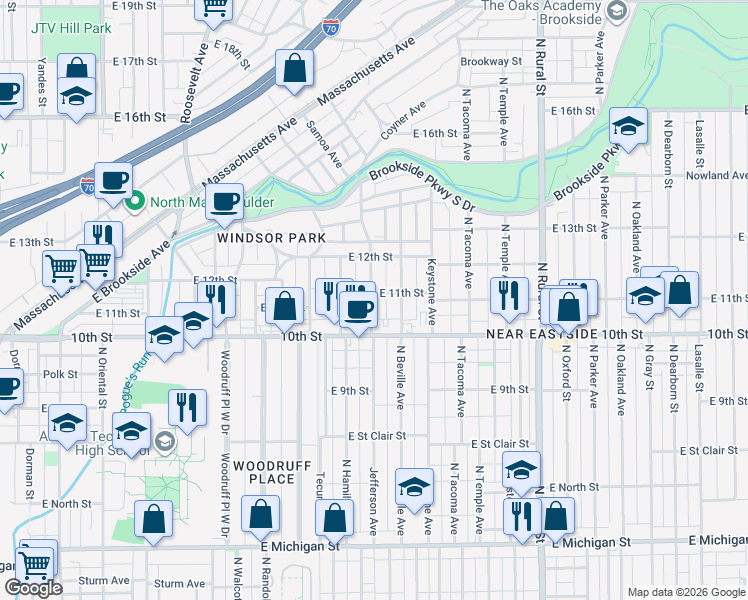map of restaurants, bars, coffee shops, grocery stores, and more near 1110 Jefferson Avenue in Indianapolis