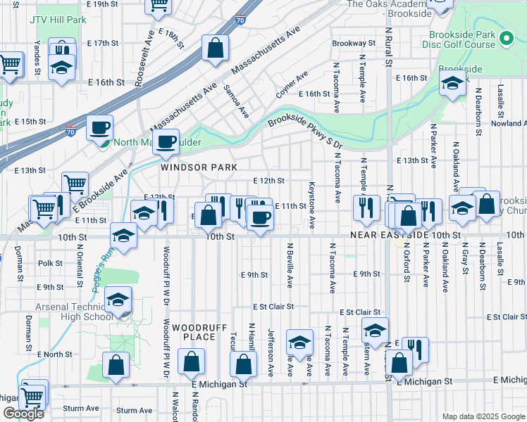 map of restaurants, bars, coffee shops, grocery stores, and more near 1110 Jefferson Avenue in Indianapolis