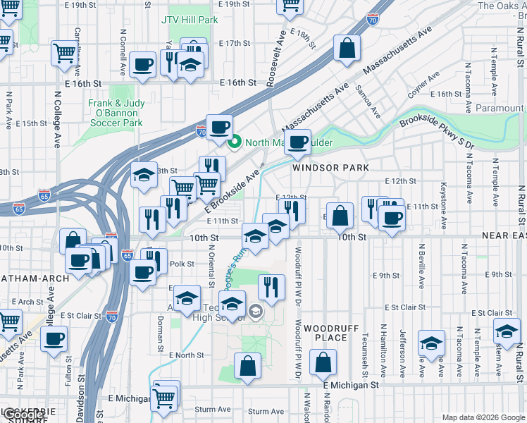 map of restaurants, bars, coffee shops, grocery stores, and more near 1130 North Newman Street in Indianapolis