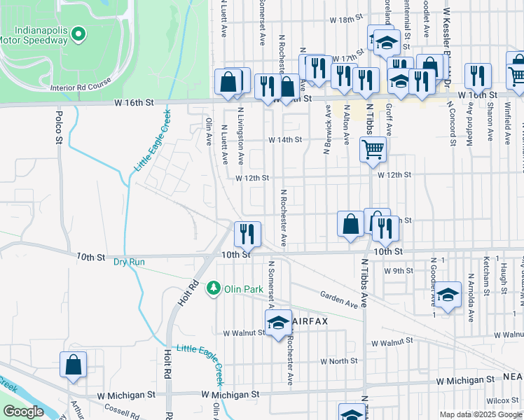 map of restaurants, bars, coffee shops, grocery stores, and more near 1126 North Somerset Avenue in Indianapolis