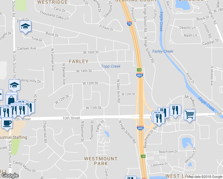 map of restaurants, bars, coffee shops, grocery stores, and more near 1298 North Glen Arm Road in Indianapolis