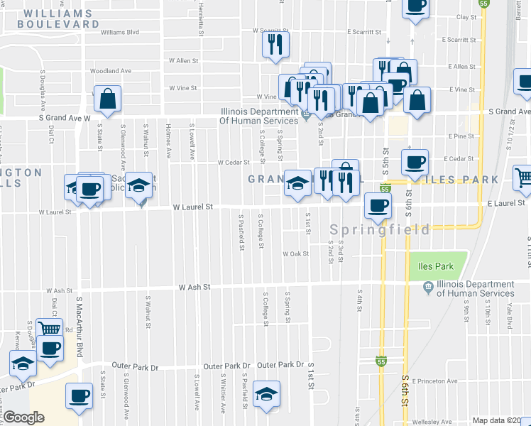 map of restaurants, bars, coffee shops, grocery stores, and more near 207 West Laurel Street in Springfield