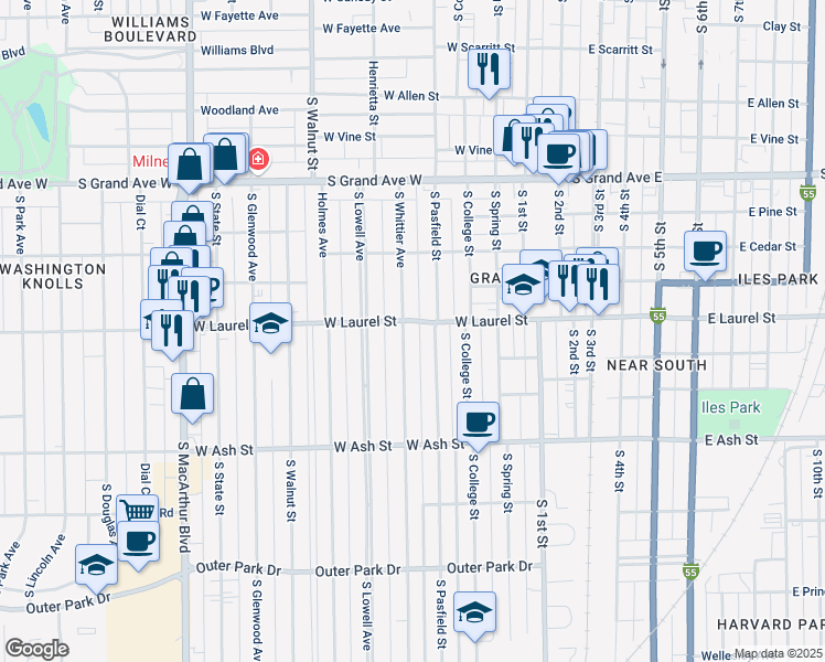 map of restaurants, bars, coffee shops, grocery stores, and more near 1624 South Whittier Avenue in Springfield