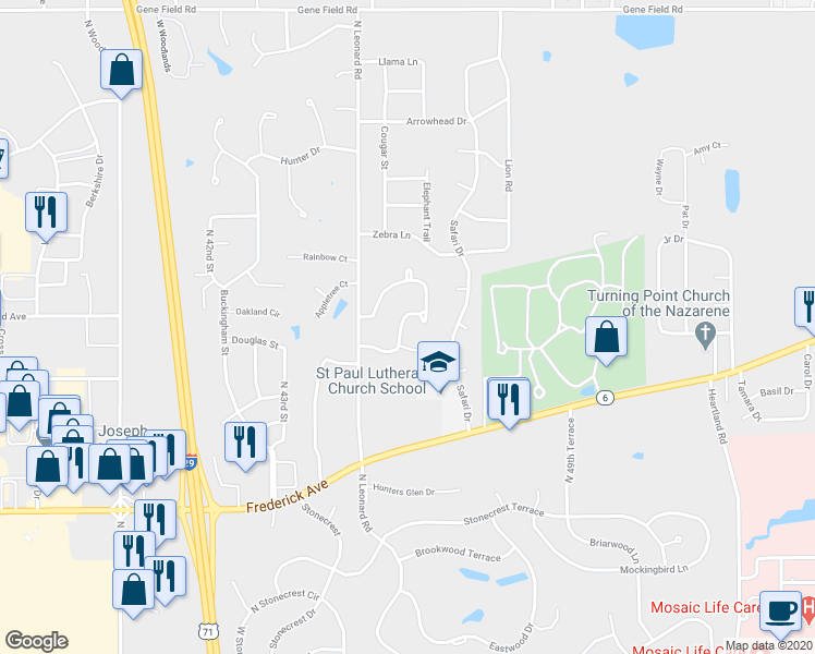 map of restaurants, bars, coffee shops, grocery stores, and more near 4604 Heatherwood Court in Saint Joseph