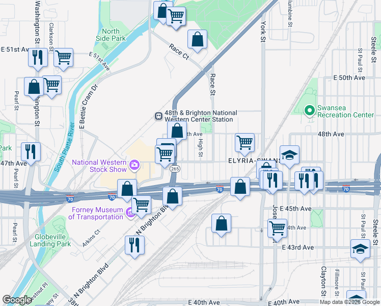map of restaurants, bars, coffee shops, grocery stores, and more near 4760 North Williams Street in Denver