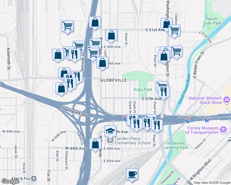 map of restaurants, bars, coffee shops, grocery stores, and more near 4732 Lincoln Street in Denver