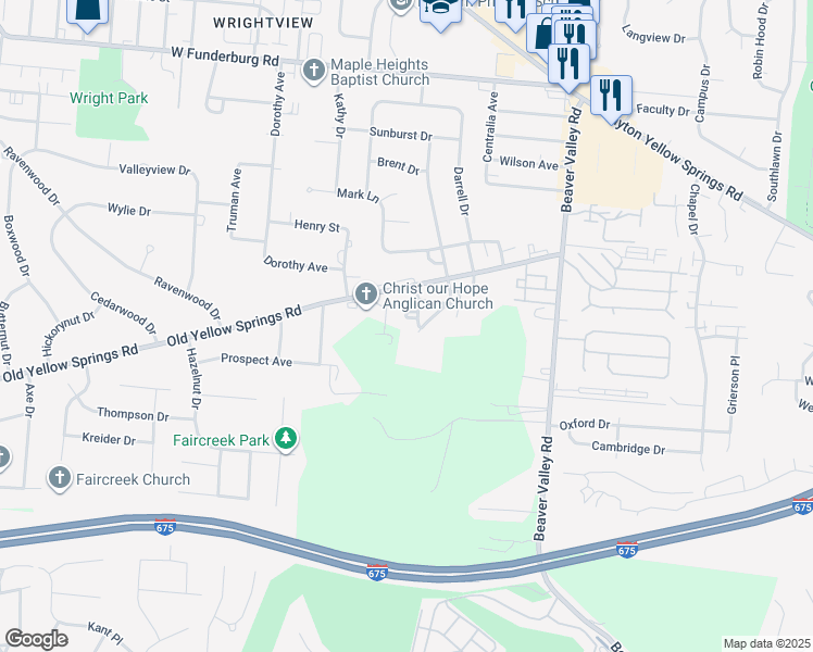 map of restaurants, bars, coffee shops, grocery stores, and more near 2195 Rockdell Drive in Fairborn