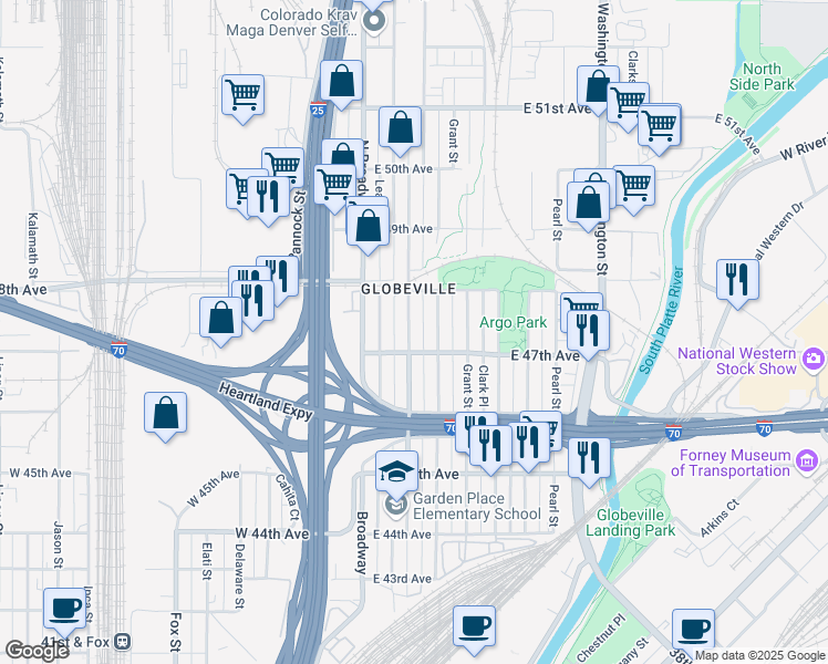 map of restaurants, bars, coffee shops, grocery stores, and more near 4732 Lincoln Street in Denver