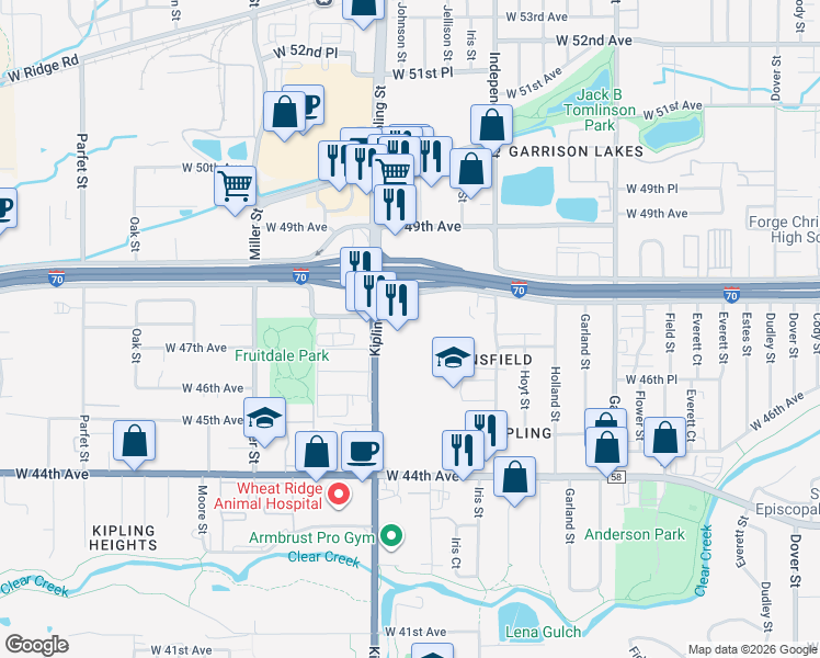 map of restaurants, bars, coffee shops, grocery stores, and more near 9870 W I 70 Frontage Rd S in Wheat Ridge