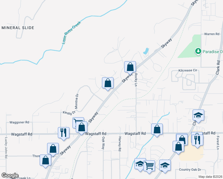 map of restaurants, bars, coffee shops, grocery stores, and more near 8601 Skyway in Paradise