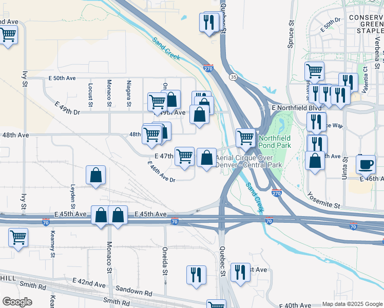 map of restaurants, bars, coffee shops, grocery stores, and more near 7003 E 47th Ave Dr in Denver