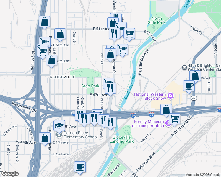 map of restaurants, bars, coffee shops, grocery stores, and more near 619 East Elk Place in Denver