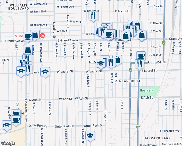 map of restaurants, bars, coffee shops, grocery stores, and more near 1702 South College Street in Springfield
