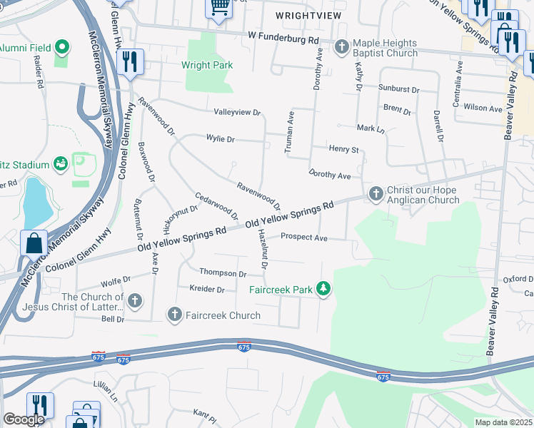 map of restaurants, bars, coffee shops, grocery stores, and more near 3227 Ravenwood Drive in Fairborn