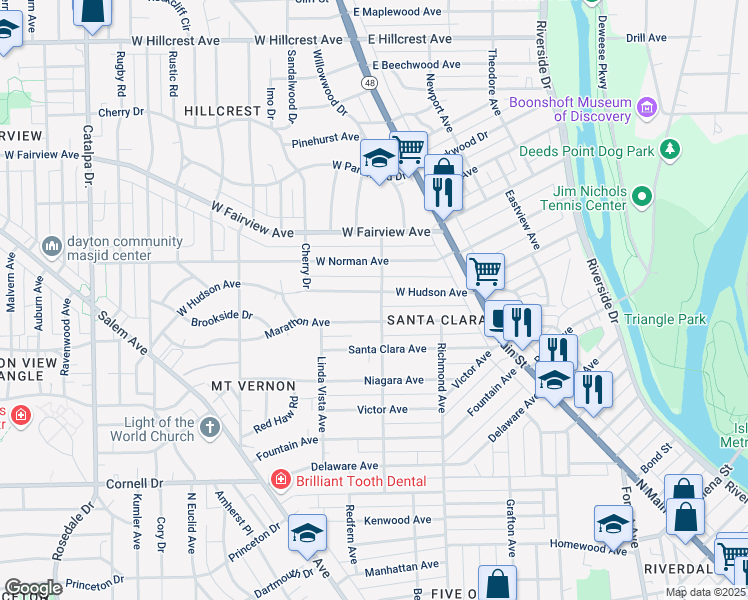 map of restaurants, bars, coffee shops, grocery stores, and more near 93 West Hudson Avenue in Dayton