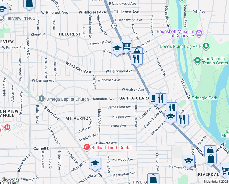 map of restaurants, bars, coffee shops, grocery stores, and more near 93 West Hudson Avenue in Dayton