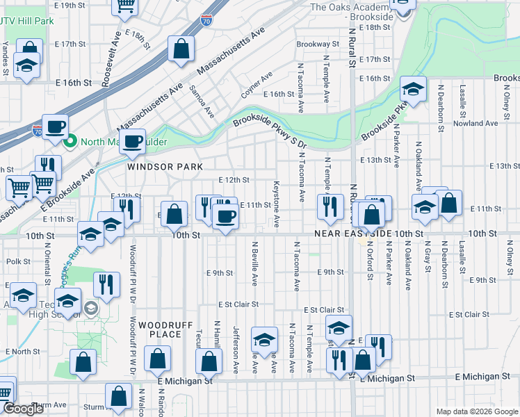 map of restaurants, bars, coffee shops, grocery stores, and more near 1115 North Beville Avenue in Indianapolis