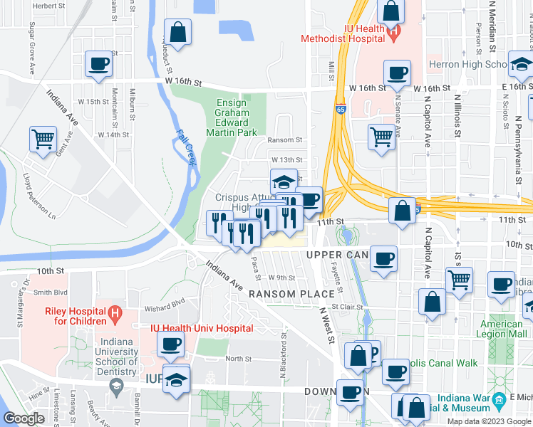map of restaurants, bars, coffee shops, grocery stores, and more near 1140 Dr Martin Luther King Jr St in Indianapolis