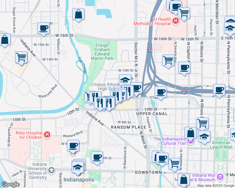 map of restaurants, bars, coffee shops, grocery stores, and more near 1140 Doctor Martin Luther King Junior Street in Indianapolis