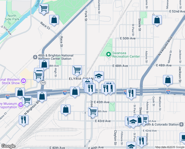 map of restaurants, bars, coffee shops, grocery stores, and more near 4700 Josephine Street in Denver