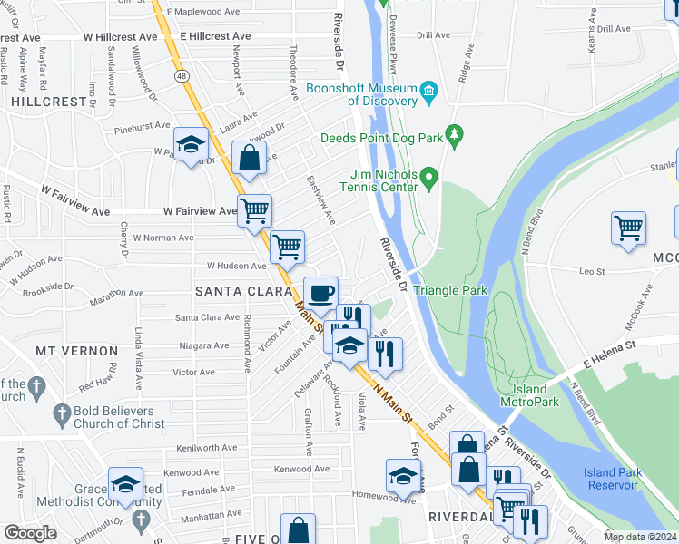 map of restaurants, bars, coffee shops, grocery stores, and more near 127 Iroquois Avenue in Dayton