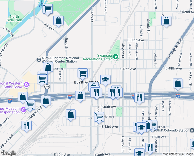 map of restaurants, bars, coffee shops, grocery stores, and more near 4728 Josephine Street in Denver