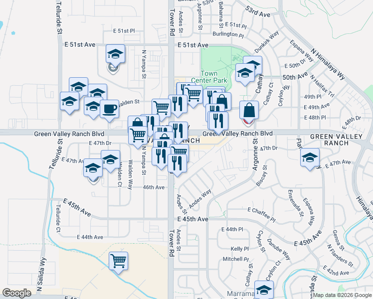 map of restaurants, bars, coffee shops, grocery stores, and more near 4790 Tower Road in Denver