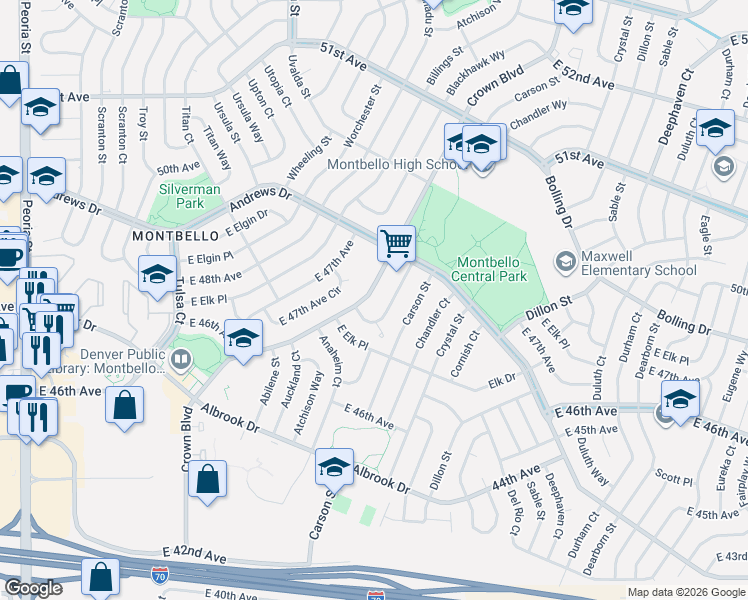 map of restaurants, bars, coffee shops, grocery stores, and more near 4850 Crown Boulevard in Denver