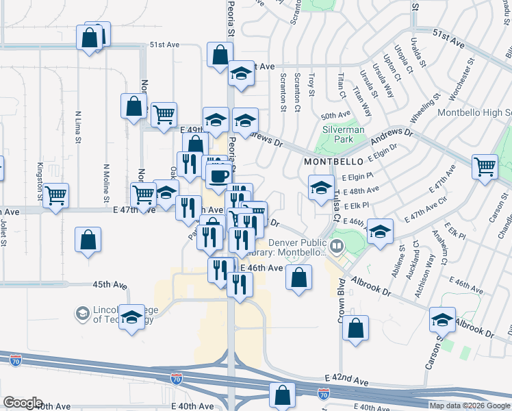 map of restaurants, bars, coffee shops, grocery stores, and more near 12155 Albrook Drive in Denver