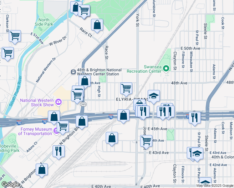 map of restaurants, bars, coffee shops, grocery stores, and more near 4758 1/2 Vine Street in Denver
