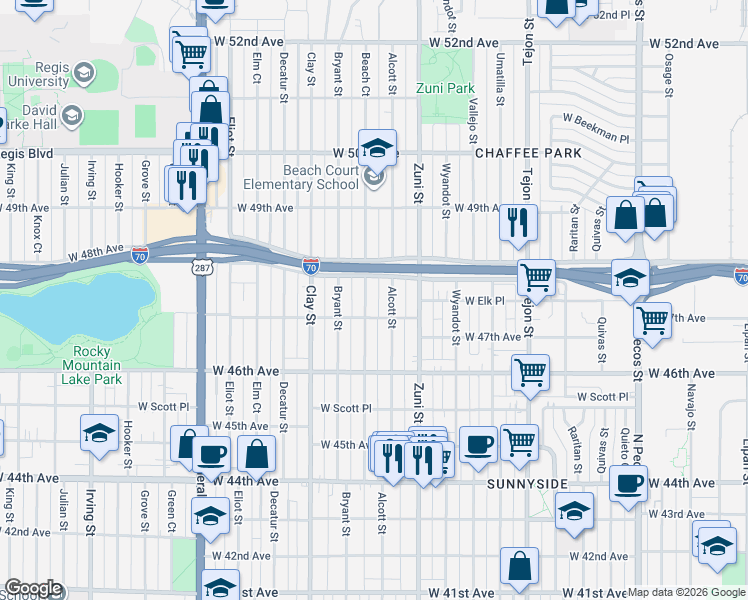 map of restaurants, bars, coffee shops, grocery stores, and more near 4756 Beach Court in Denver