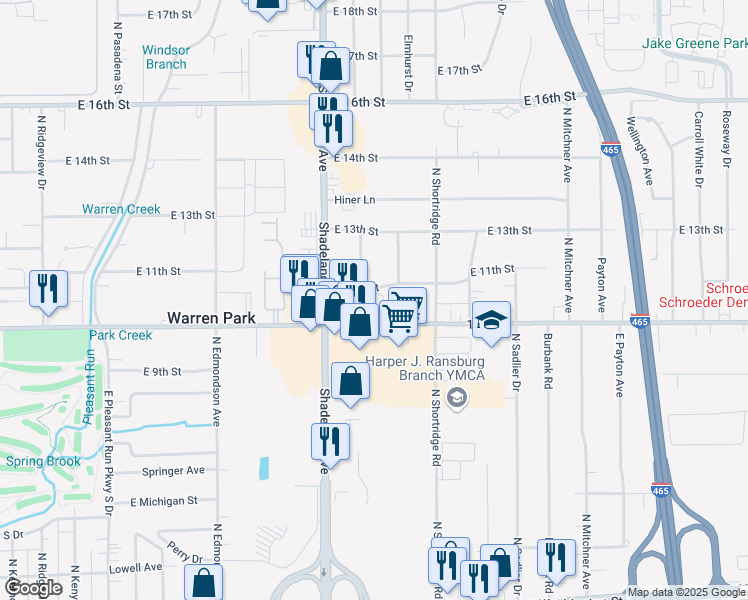 map of restaurants, bars, coffee shops, grocery stores, and more near 7051 East 11th Street in Indianapolis