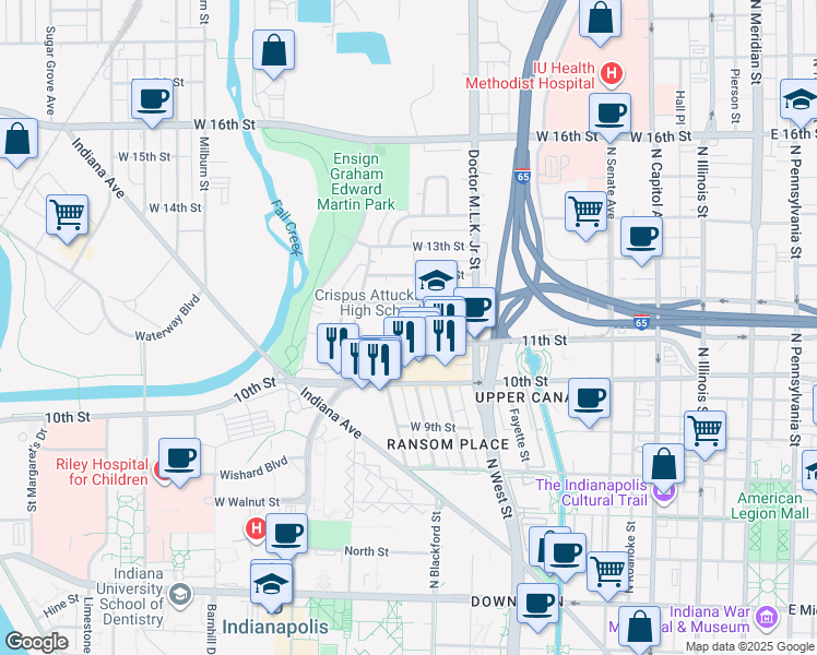 map of restaurants, bars, coffee shops, grocery stores, and more near 16 West 12th Street in Indianapolis
