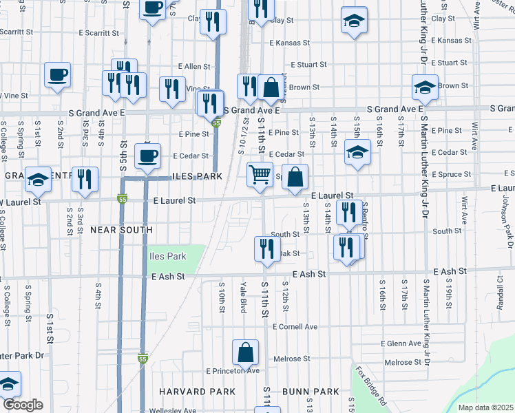 map of restaurants, bars, coffee shops, grocery stores, and more near 1021 E Laurel St in Springfield