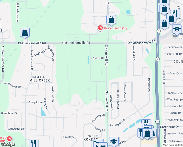 map of restaurants, bars, coffee shops, grocery stores, and more near Cairns Drive in Springfield