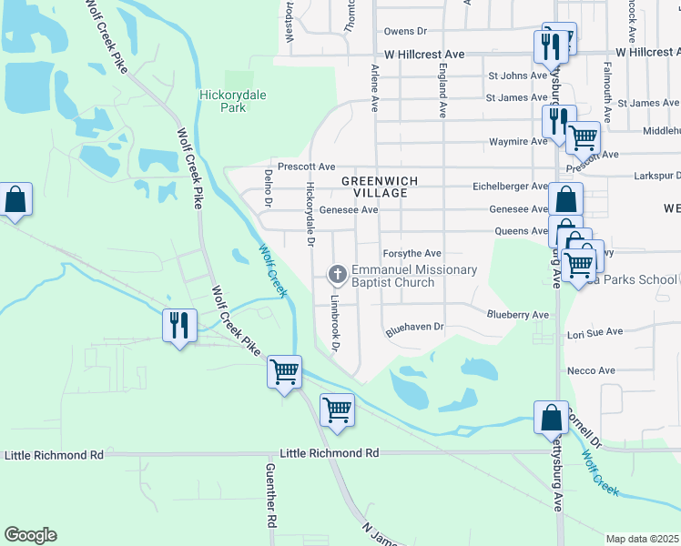 map of restaurants, bars, coffee shops, grocery stores, and more near 1808 Linnbrook Drive in Dayton