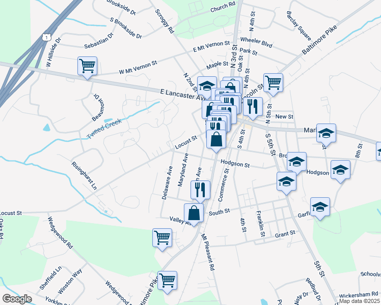 map of restaurants, bars, coffee shops, grocery stores, and more near 117 Maryland Avenue in Oxford