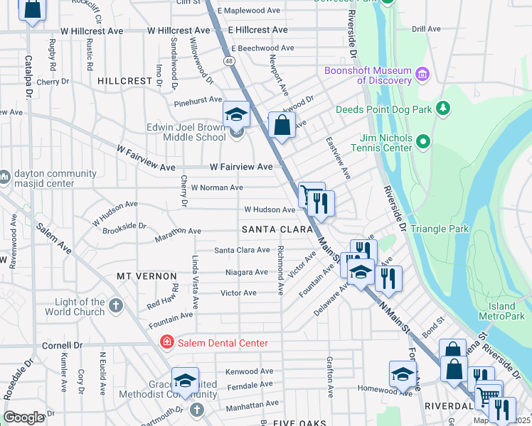 map of restaurants, bars, coffee shops, grocery stores, and more near 54 West Hudson Avenue in Dayton