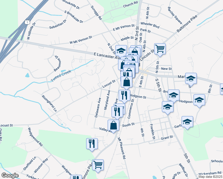 map of restaurants, bars, coffee shops, grocery stores, and more near 117 Maryland Avenue in Oxford