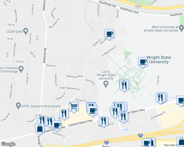map of restaurants, bars, coffee shops, grocery stores, and more near 1400 Forest Lane in Fairborn