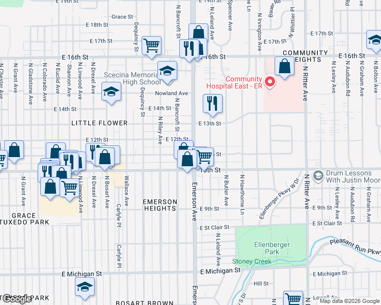 map of restaurants, bars, coffee shops, grocery stores, and more near 1116 North Emerson Avenue in Indianapolis