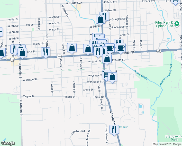map of restaurants, bars, coffee shops, grocery stores, and more near 216 South Pennsylvania Street in Greenfield