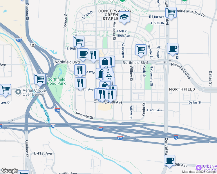 map of restaurants, bars, coffee shops, grocery stores, and more near 1345 Main Street in Denver
