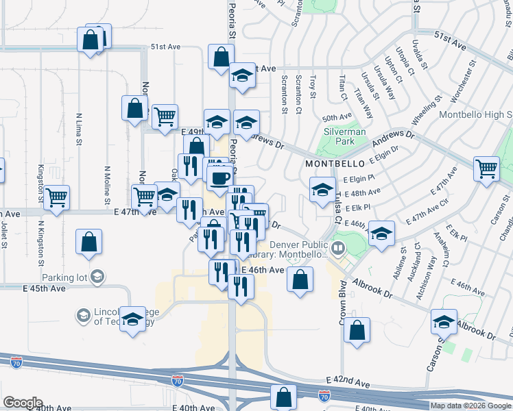 map of restaurants, bars, coffee shops, grocery stores, and more near 12175 Albrook Drive in Denver