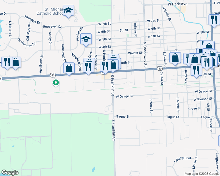 map of restaurants, bars, coffee shops, grocery stores, and more near 180 South Franklin Street in Greenfield
