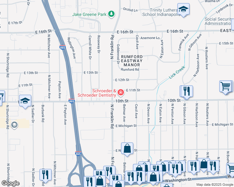 map of restaurants, bars, coffee shops, grocery stores, and more near 8019 East 11th Street in Indianapolis