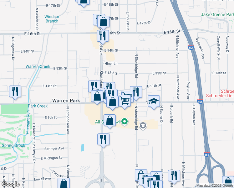 map of restaurants, bars, coffee shops, grocery stores, and more near 7051 East 11th Street in Indianapolis
